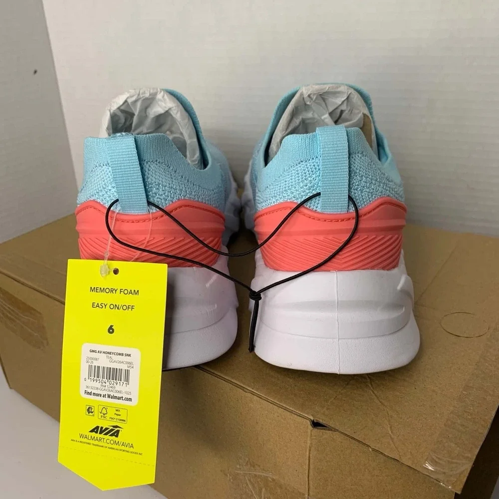 New Girl's Big Kids Avia Easy On Off Memory Foam Athletic Shoes Teal Pink Size 6